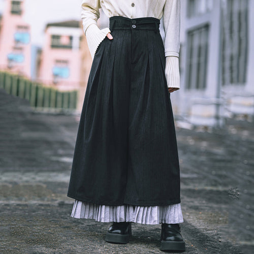 Chinese Style Double-Layer Pleated Black High-Waisted Wide-Leg Pant