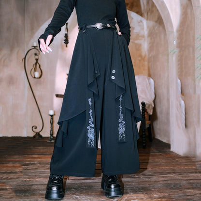 Chinese-style Embroidered Double-layer Asymmetrical Black Wide-leg Pants