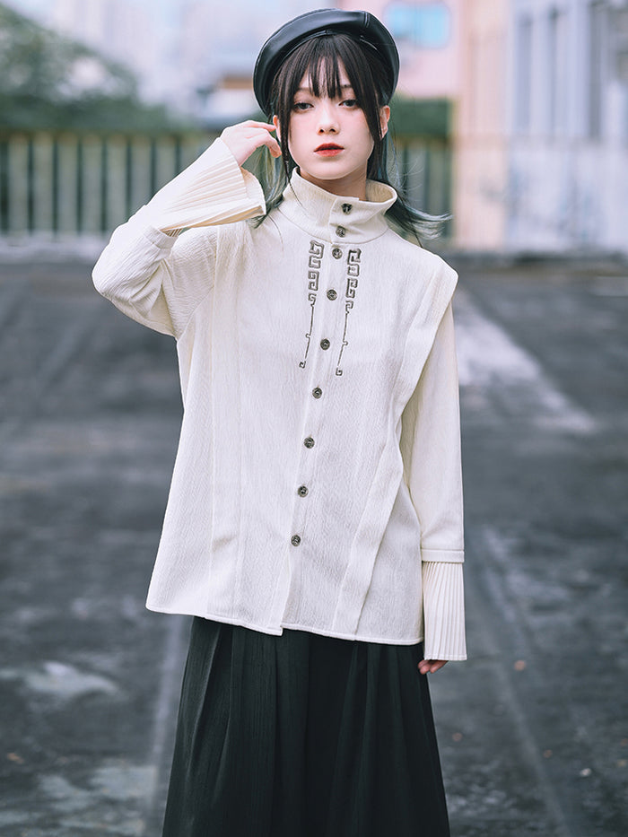 Chinese-style Embroidered Pleated Sleeve Stand Collar Shirt