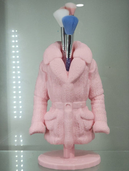 Cozy Pink Coat Makeup Brush Holder - Chic Vanity Organizer - RFE Marketing Ventures