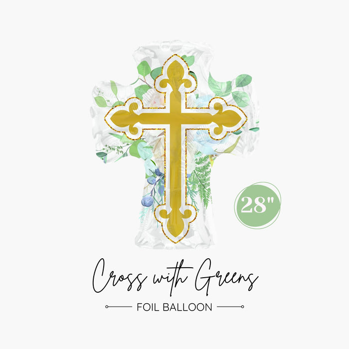 Cross with Greens Foil Balloon 28" - Baptism Party Balloon - Religious Event Decorations - Ottawa Balloons