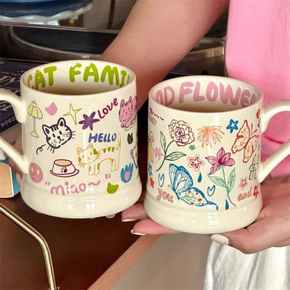 Cute Graffiti Butterfly and Cat Cream Ceramic Mug