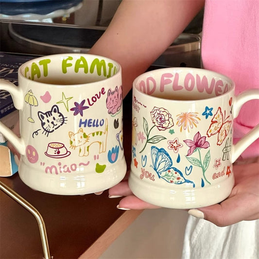 Cute Graffiti Butterfly and Cat Cream Ceramic Mug