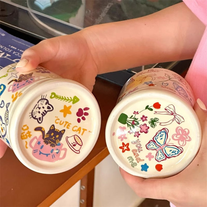 Cute Graffiti Butterfly and Cat Cream Ceramic Mug
