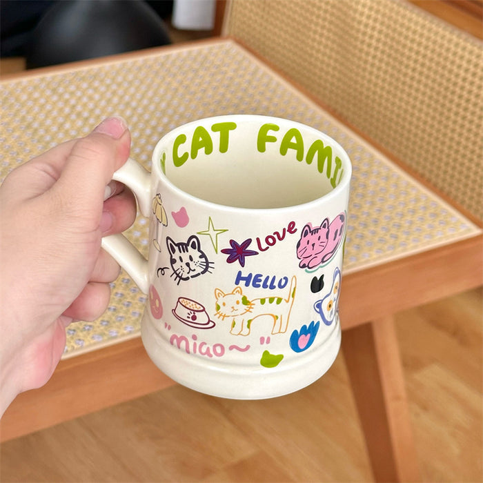 Cute Graffiti Butterfly and Cat Cream Ceramic Mug