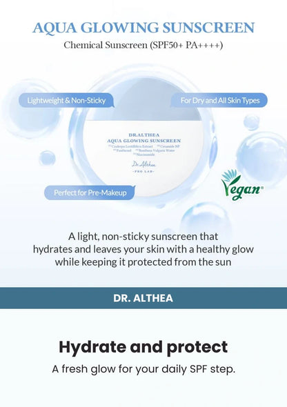 Dr. Althea Aqua Glowing Sunscreen 45ml — Hydrate and protect. A fresh glow for your daily SPF step.