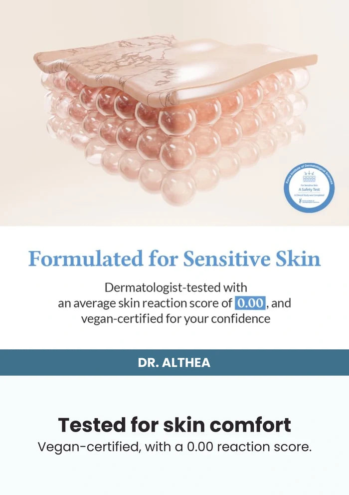 Dr. Althea Aqua Glowing Sunscreen 45ml — Tested for skin comfort. Vegan-certified, with a 0.00 reaction score.