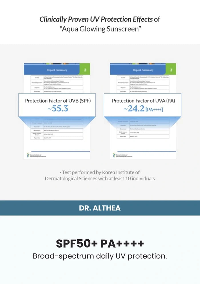 Dr. Althea Aqua Glowing Sunscreen 45ml — SPF50+ PA++++. Broad-spectrum daily UV protection.