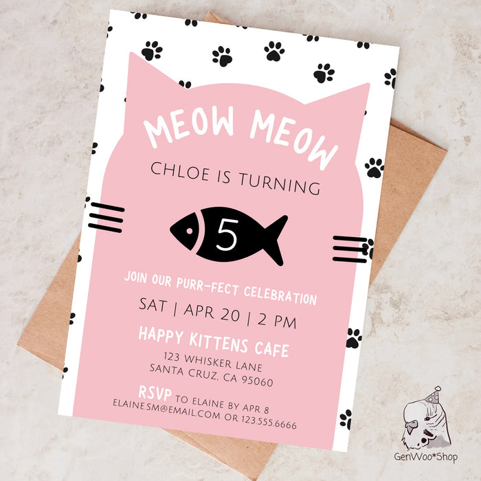 Editable Digital Meow Meow Cat Birthday Party Invitation - Pet Cat Kitty Kitten Birthday - Kids Birthday Invite