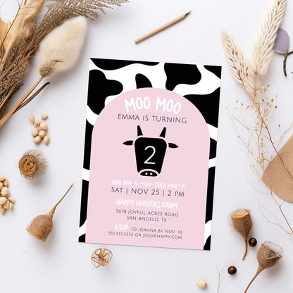Editable Digital Moo Moo Cowgirl Birthday Party Invitation - Let's Go Girl - Moo I'm Two - Farm Birthday