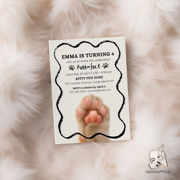 Editable Digital Purr-fect Cat Birthday Party Invitation - Pet Cat Kitty Kitten Birthday - Kids Birthday Invite