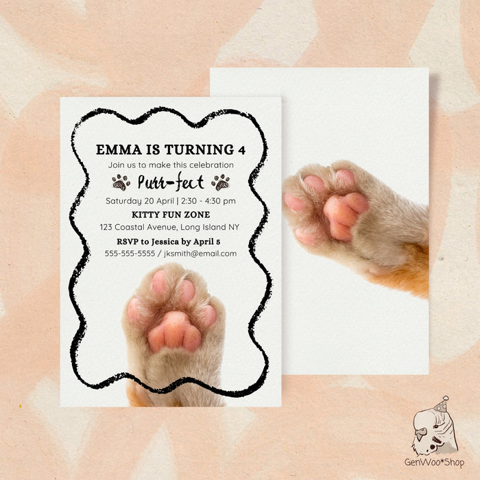 Editable Digital Purr-fect Cat Birthday Party Invitation - Pet Cat Kitty Kitten Birthday - Kids Birthday Invite
