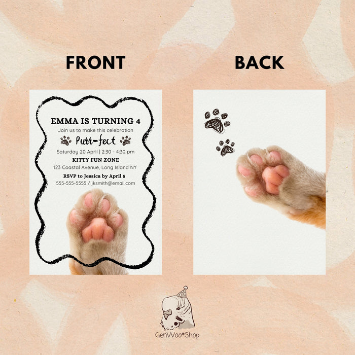 Editable Digital Purr-fect Cat Birthday Party Invitation - Pet Cat Kitty Kitten Birthday - Kids Birthday Invite