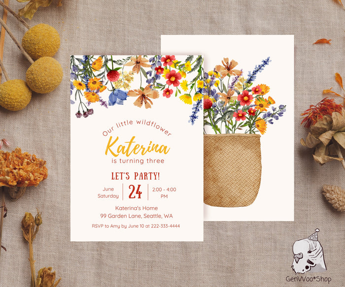 Editable Digital Wildflowers Birthday Party Invitation - Wildflowers Floral Garden Birthday Party Printable