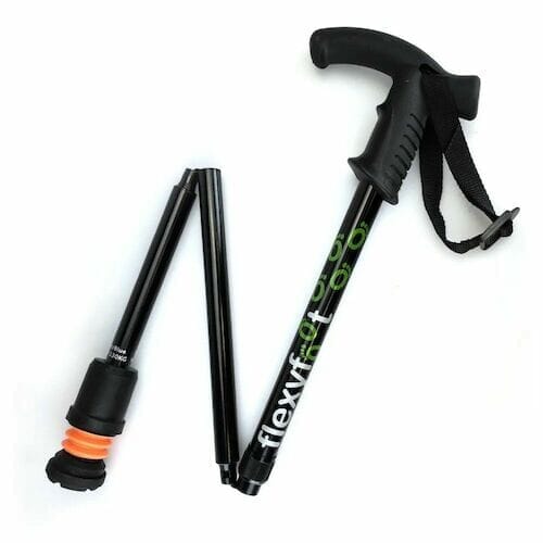 Full view of Flexyfoot Premium Derby Handle Walking Stick walking stick on a plain background, showing its handle, shaft and ferrule.