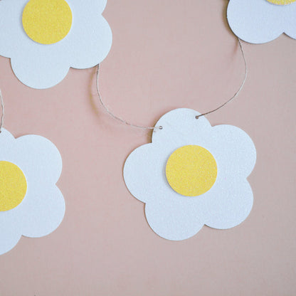 Groovy White Glitter Daisy Banner - Hippie Retro Party and Kids Room Decor