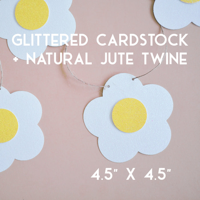 Groovy White Glitter Daisy Banner
