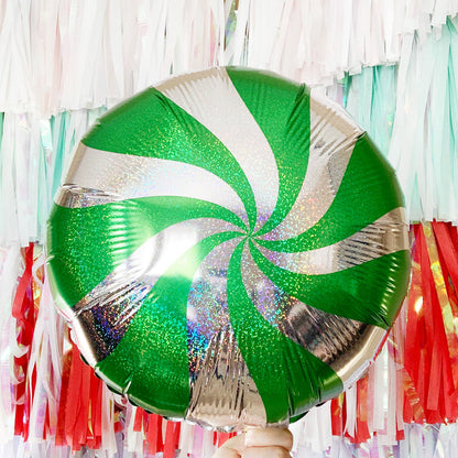 Holographic Green Peppermint Swirl Foil Balloon 18 inches, Christmas Party Decoration, Candy Cane Peppermint Balloon Decor, Holiday Birthday Party
