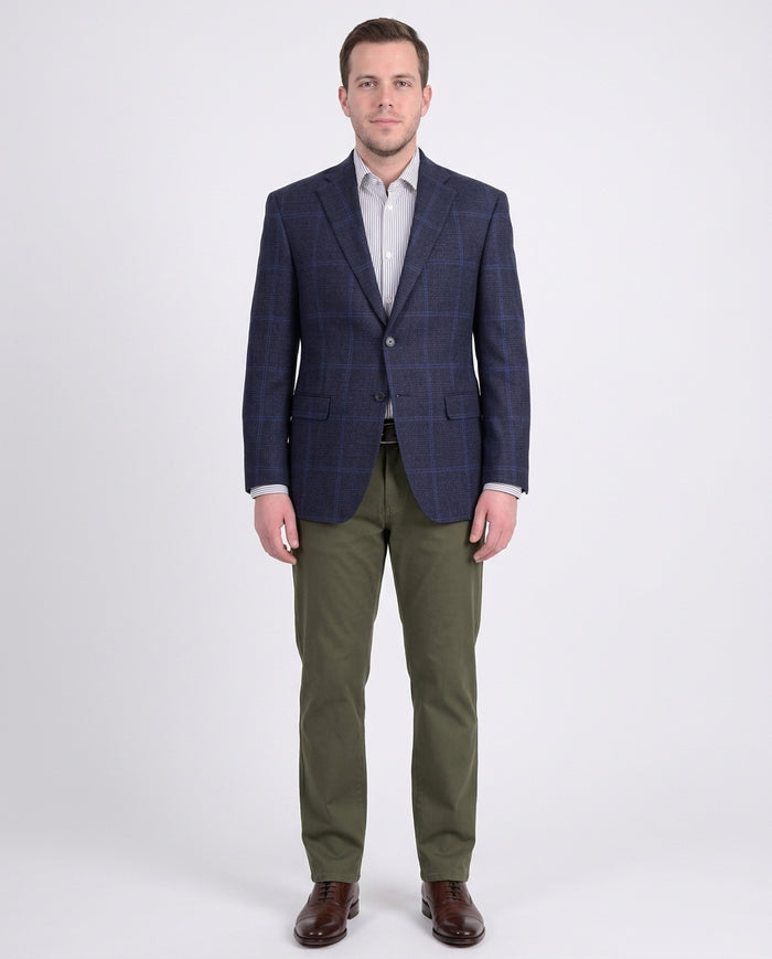 I Uomo Mens Regular Fit Navy Blue Plaid Two Button Wool Blazer Sportcoat - The Suit Depot
