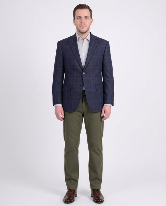 I Uomo Mens Regular Fit Navy Blue Plaid Two Button Wool Blazer Sportcoat - The Suit Depot