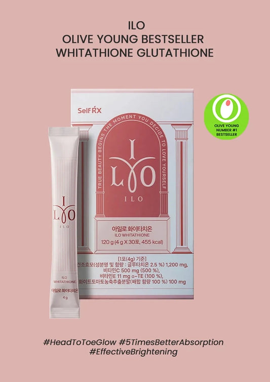 ILO skincare product packaging on a pink background with branding and product details.