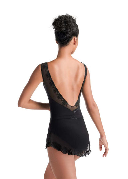 Ballet Rosa girls' Ivy mesh pull-on skirt in black with black lace hem.