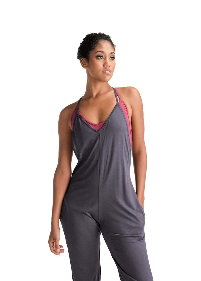 Ballet Rosa women's Kaiko capri length romper in gray with camisole straps.