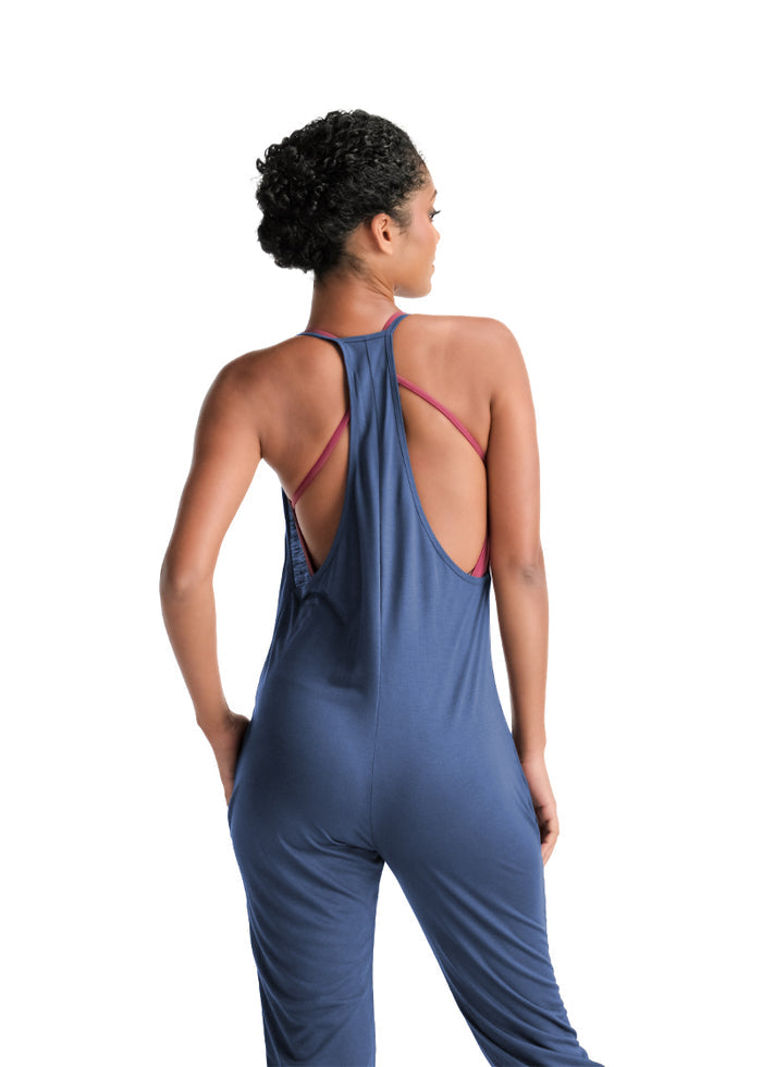 Ballet Rosa women's Kaiko capri length romper in blue with racerback.