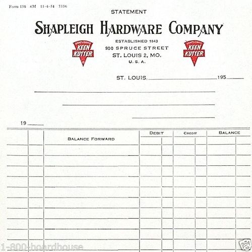 KEEN KUTTER SHAPLEIGH HARDWARE Invoice Receipts 1950s