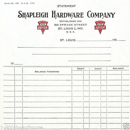 KEEN KUTTER SHAPLEIGH HARDWARE Invoice Receipts 1950s