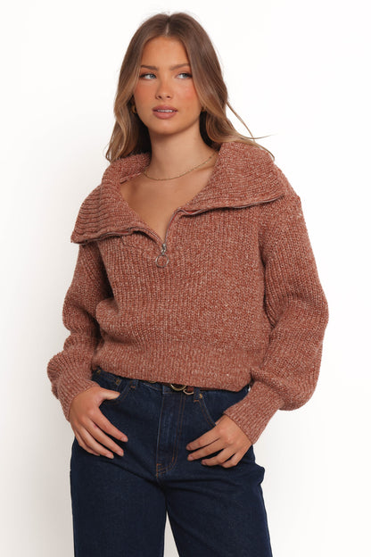 Hallow Collar Quarter Zip Sweater - Brown