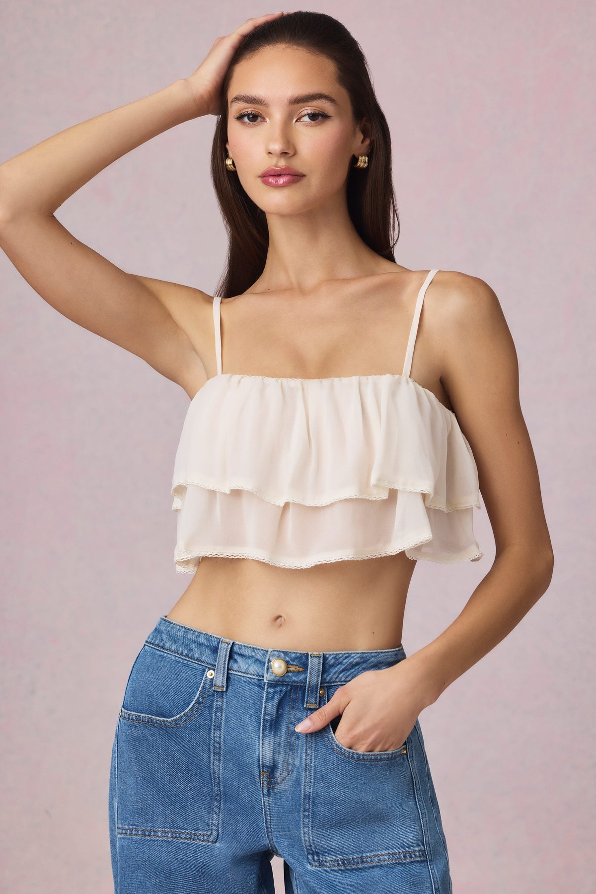 Ruffled Cropped Camisole Top in Ivory