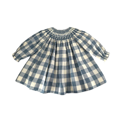 Lara Handsmocked Macro Gingham Blue Dress