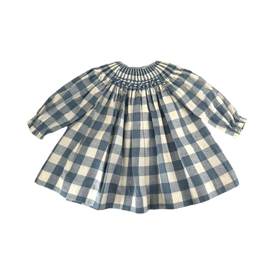 Lara Handsmocked Macro Gingham Blue Dress