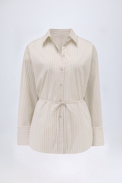 Oversized Cotton-Poplin Shirt in Taupe Stripe