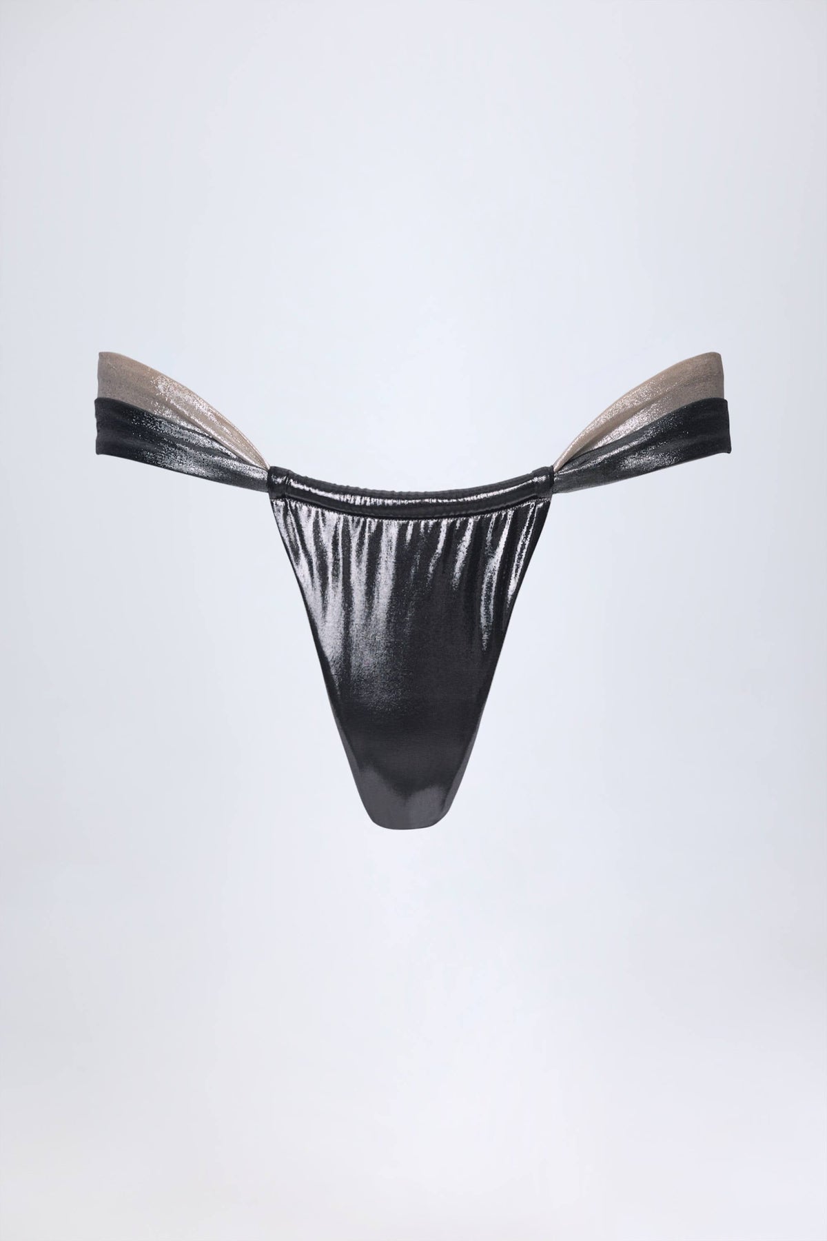 Ruched Thong Bikini Bottoms in Silver Chrome