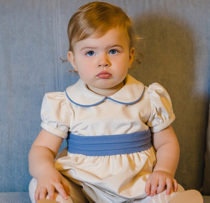 Martina Royal Velvet Off-White/Ivory and Blue Romper