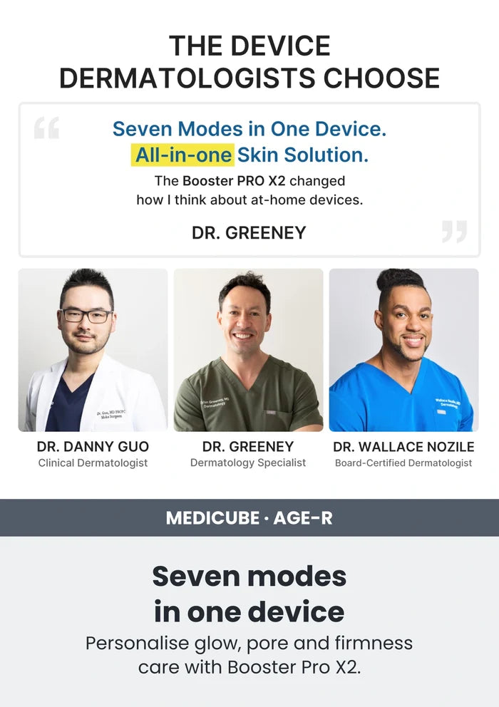 Medicube Seven modes in one device. Personalise glow, pore and firmness care with Booster Pro X2.