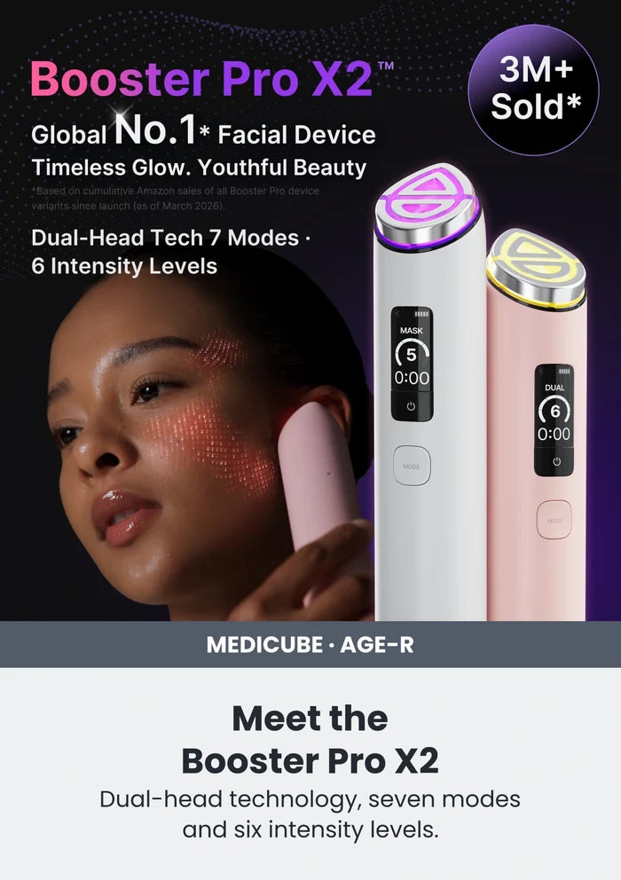 Medicube Meet the Booster Pro X2. Dual-head technology, seven modes and six intensity levels.