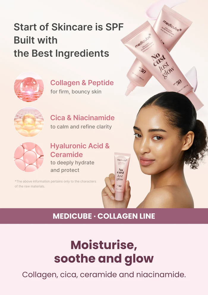 Medicube Glow Collagen Sunscreen SPF50 50ml — Moisturise, soothe and glow. Collagen, cica, ceramide and niacinamide.
