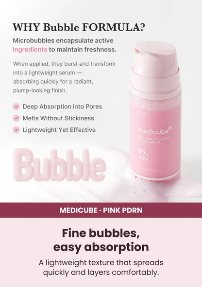 Medicube PDRN Pink Collagen Bubble Serum — Why the bubble texture works. A lightweight texture that spreads quickly and layers comfortably.