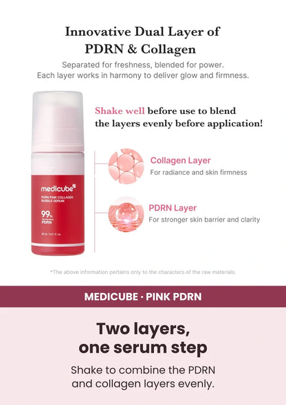 Medicube PDRN Pink Collagen Bubble Serum — Blend the dual-layer formula. Shake to combine the PDRN and collagen layers evenly.
