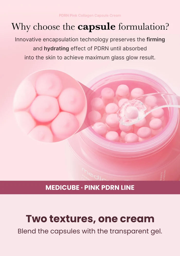 Medicube PDRN Pink Collagen Capsule Cream — Two textures, one cream. Blend the capsules with the transparent gel.