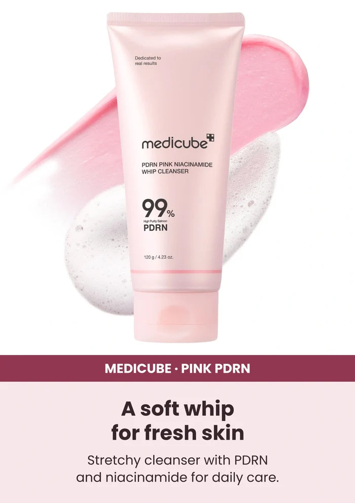 Medicube PDRN Pink Niacinamide Whip Cleanser — Your marshmallow-texture cleanser. Stretchy cleanser with PDRN and niacinamide for daily care.