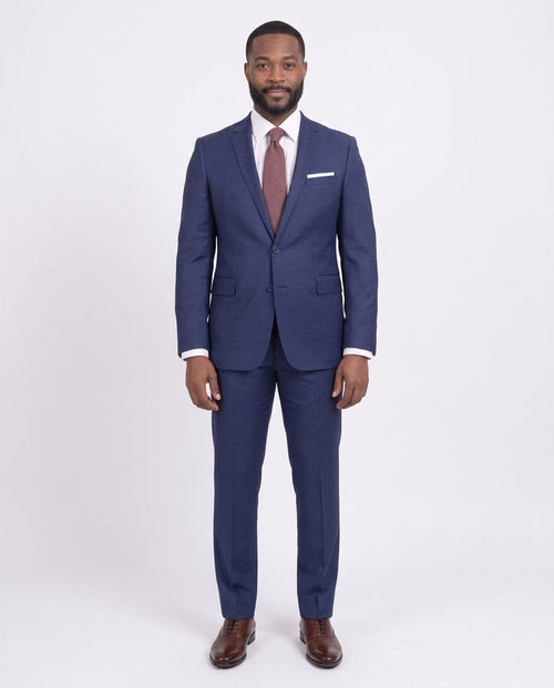 Mens Extra Slim Fit Blue Textured Two Button Wool Blend Suit - The Suit Depot