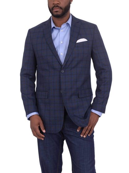 Bertollini BLAZERS 42S Mens Regular Fit Blue & Brown Plaid Two Button Wool Silk Blend Blazer Sportcoat