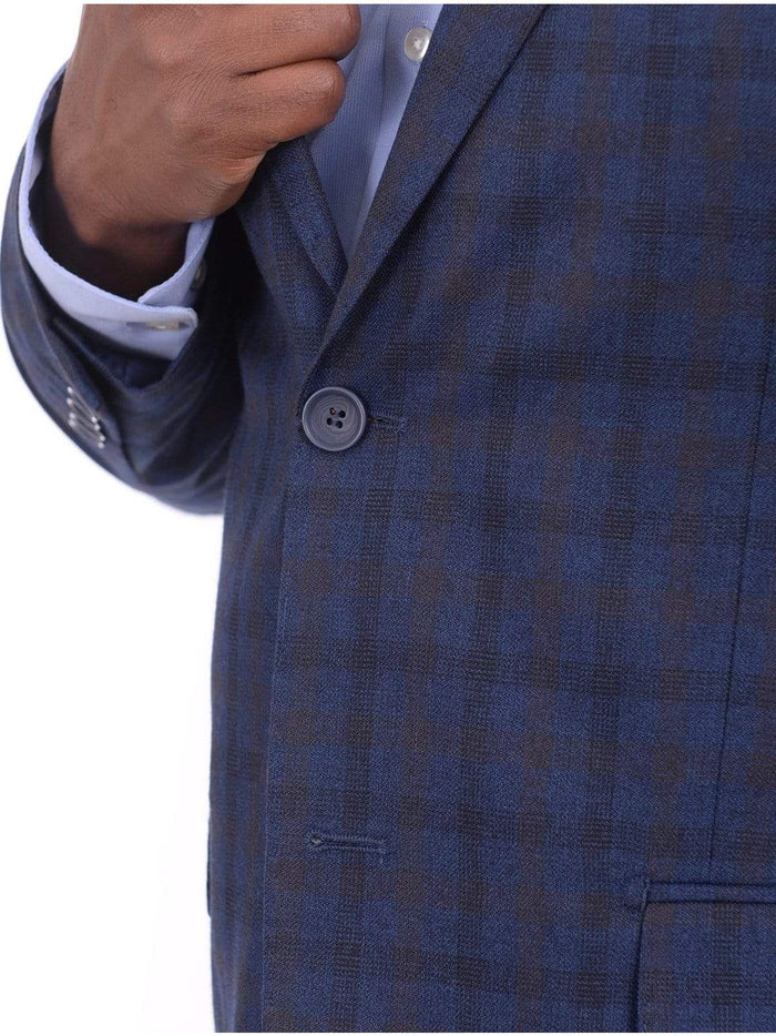 Bertollini BLAZERS Mens Regular Fit Blue & Brown Plaid Two Button Wool Silk Blend Blazer Sportcoat