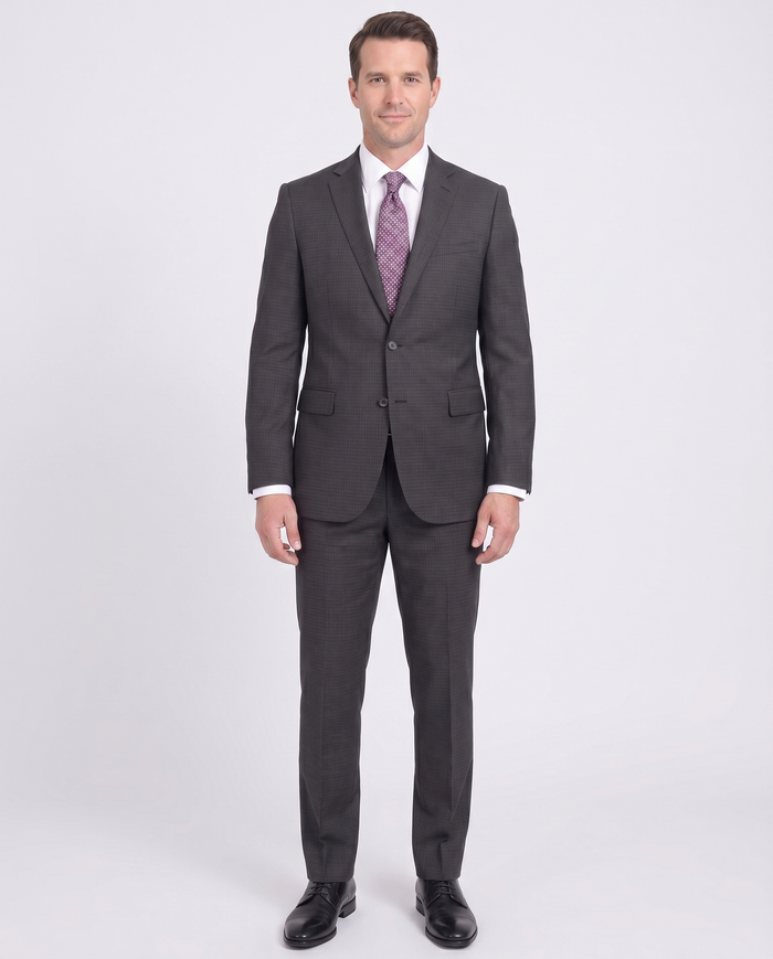 Mens Slim Fit Charcoal Gray Check Two Button Wool Suit - The Suit Depot
