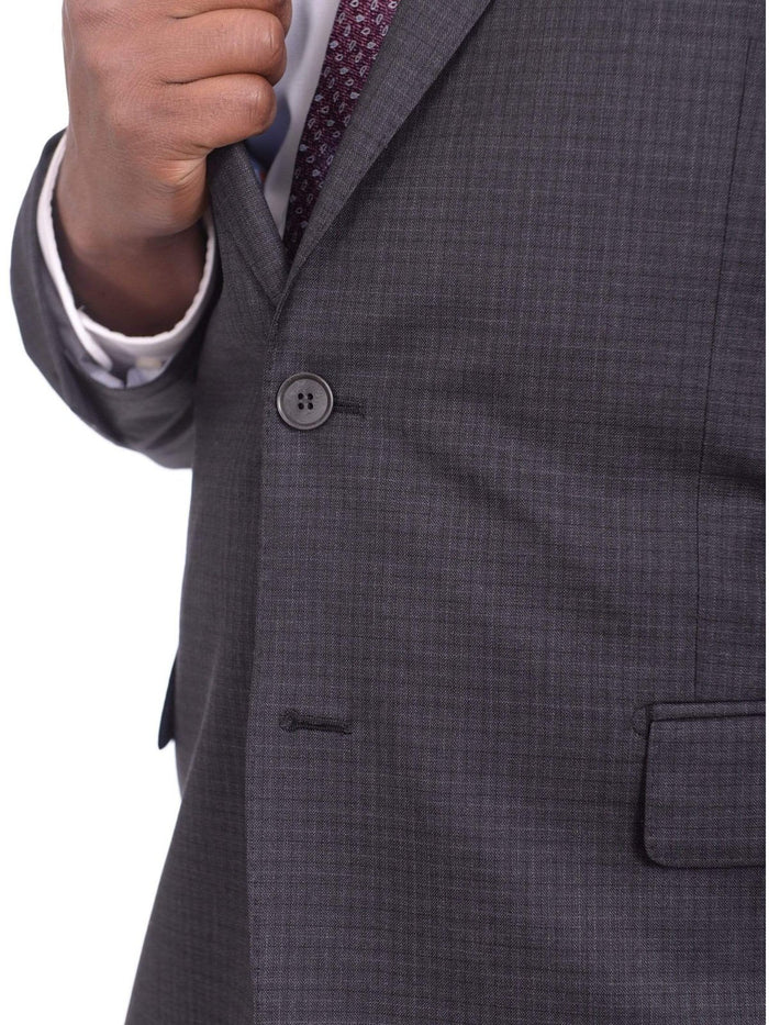 Label E TWO PIECE SUITS Mens Slim Fit Charcoal Gray Check Two Button Wool Suit