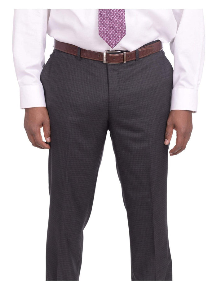 Label E TWO PIECE SUITS Mens Slim Fit Charcoal Gray Check Two Button Wool Suit